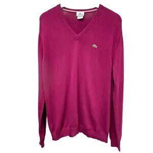 LACOSTE Mens Sweater Large Fuschia Cotton V-Neck Pullover Alligator Logo Preppy